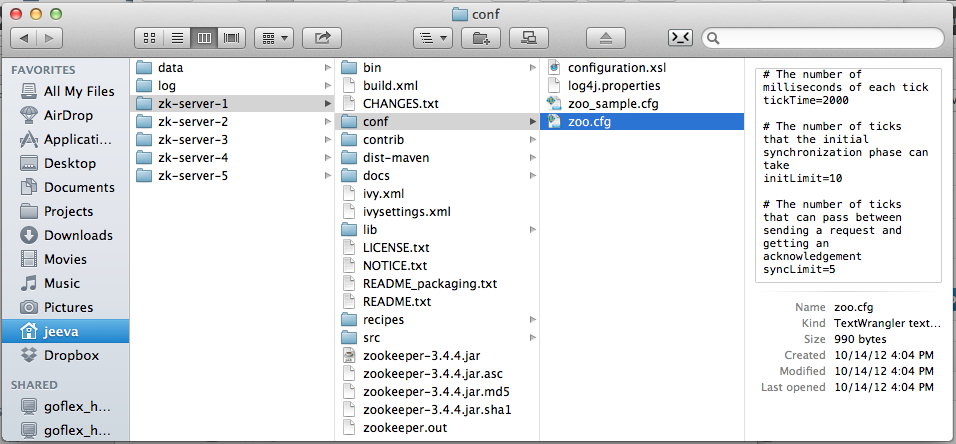 Screenshot: zk-server-1 directory structure along with conf/zoo.cfg